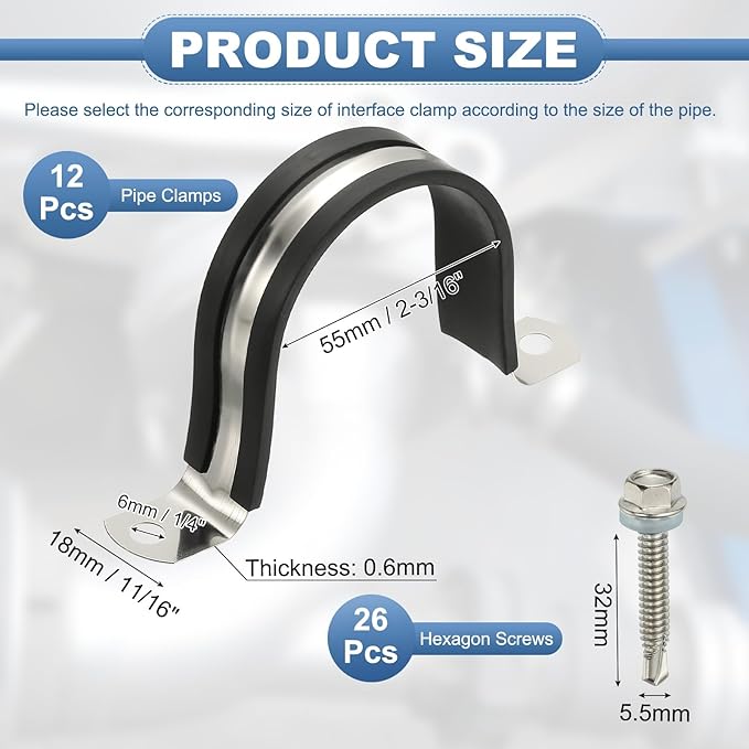 PATIKIL 12Pcs Pipe Clamps, 2-3/16 Inch 304 Stainless Steel Rubber Cushioned U Bracket Conduit Clamps Pipe Strap Wire Clips with Hexagonal Screw for Tube Hose Cord Installation, 55mm