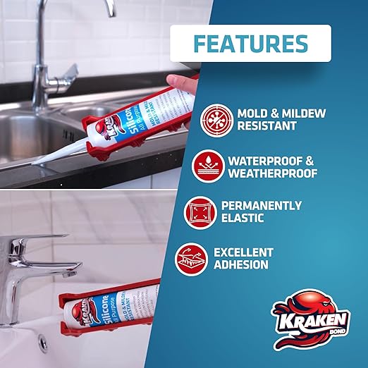 Kraken Bond Black Silicone Sealant Waterproof%100-10 fl oz Cartridge, RTV Silicone Caulk Bathroom and Kitchen, All Purpose, Window Caulking Sealant Outdoor, RV, Exterior Use Silicon - 4 Pack