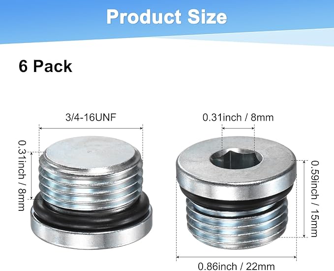 2-Pack 3/4-16UNF Inner Hex Head Pipe Fitting Plug, Carbon Steel Sensor Socket Plug with Seal O-Ring for Terminate Pipe Ends/High Pressure Washer, Sealing Screw