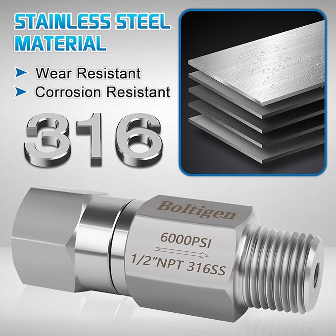 Boltigen 1/2 NPT One Way No Return Check Valve, High Pressure 6000PSI Spring Check Valve, Stainless Steel 316 In-line Ball Check Valve for Well, Pump, Tank, Backflow Prevention
