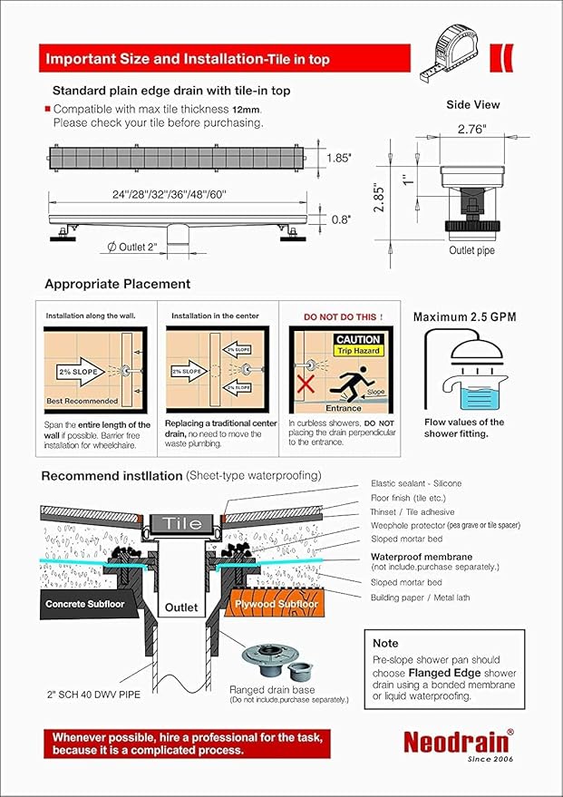 Neodrain 40-Inch Linear Shower Drain with Tile Insert Grate, Professional Brushed 304 Stainless Steel Rectangle Shower Floor Drain Manufacturer,Floor Shower Drain with Shower Drain Base