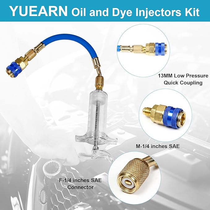 Oil and Dye Injectors Kit Hand Push Compressor Ac Oil Injector Kit with Quick Coupler 1/4 SAE Connector Car ac Leak Detector Kit