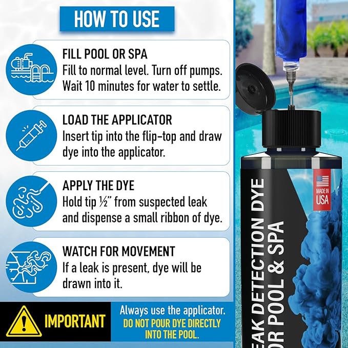 Pool Leak Detection Dye Kit - with 2 Precision Applicators - Made in USA - Superior Long Lasting UV Pool Dye Easily Locates Leaks - for All Pool, Spa, & Hot Tub Types - 8 OZ (Vibrant Blue)