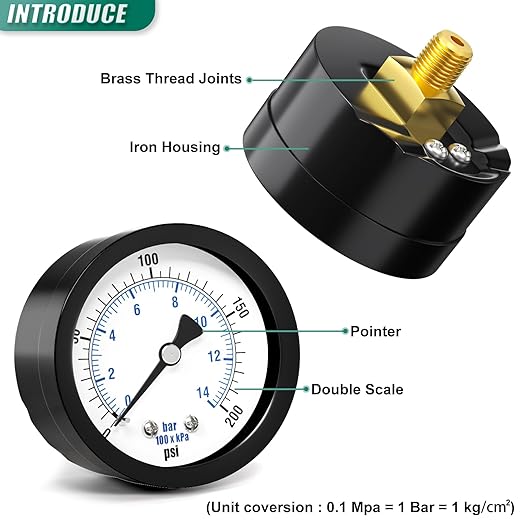 0-200PSI Well Pump Pressure Gauge 2" Dial Size, 1/8" NPT Back Mount, 3-2-3% Accuracy, for Tube, Water Pump, Gas, Liquid, Pressure Test
