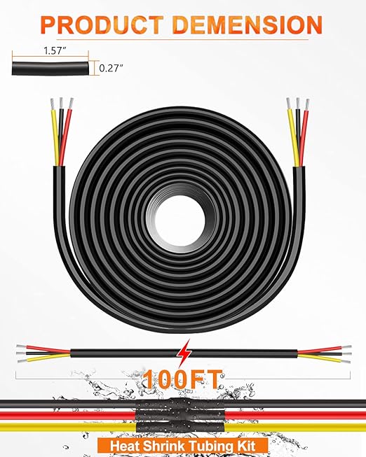 NAOEVO 18 Gauge Wire 3 Conductor Electrical Wire, 18 AWG Stranded PVC Cord, 12V Low Voltage/Tinned Copper/Flexible Cable for Automotive Wiring, Lamp Cord, Marine Cable (100FT)