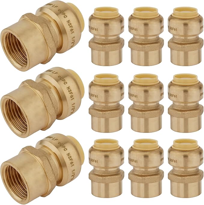 12-Pack HeSun Pushfit Female Adapter, 1/2" FNPT x 1/2" Push to Connect Plumbing Fittings with Disconnect Clip, Brass Push-fit Fittings for PEX, Copper, CPVC, PE-RT Pipes(PF030-12)