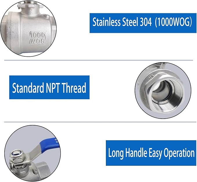 2" NPT Full Port Heavy Duty Ball Valve Stainless Steel 304 For Water,Oil and Gas with Blue Handles（1000WOG）