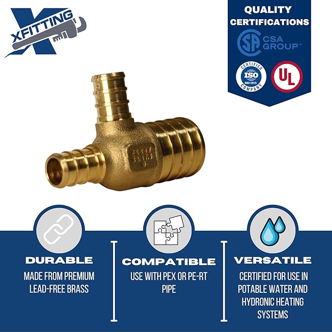 XFITTING 1 inch x 1/2 inch x 1/2 inch Pex Reducing Tee, Pex B Crimp Version 26-5-6=10X, 10 Pieces