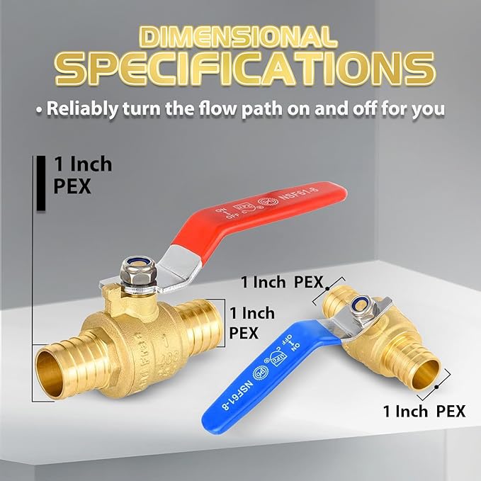 100-Pack Foskan 1" PEX Crimp Ball Valve, Brass Quarter Turn Full Port Shut-off Valve for PEX Tubing(Blue and Red)