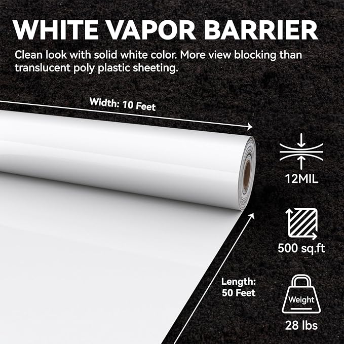 White Crawl Space Vapor Barrier, 12 Mil Vapor Barrier, 10' x 50', Heavy Duty Polyethylene Film, Thick Plastic Sheeting, Plastic Drop Cloth Covering for Crawl Space
