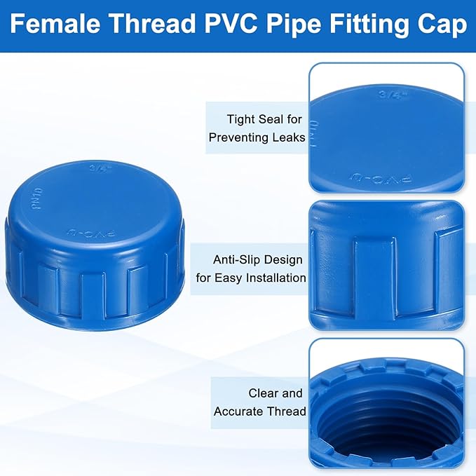 uxcell 5Pcs 3/4 Inch PT Female Thread PVC Pipe Fitting Cap, Cleanout Water Drain End Caps, Pipe Plug Socket Fittings with Gasket for Water Heater Supply Lines, Plumbing, Blue