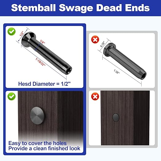 BLIKA 20Pack 1/8" Stainless Steel Black Stemball Swage Dead Ends for Deck Cable Railing, Invisible Cable Railing Hardware for Wood/Metal Posts, Stemball Swage Terminal, 1/8" Cable Railing End Fittings