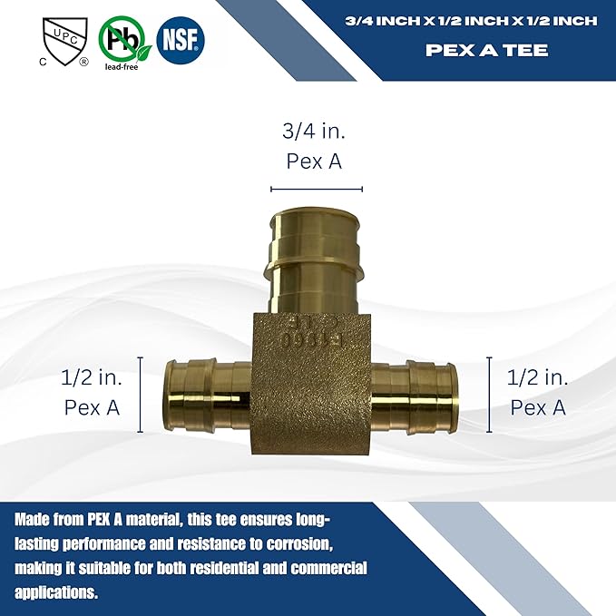 XFITTING Pex A 1/2 Inch x 1/2 Inch x 3/4 Inch Pex A Tee, 201-1-6=5XX, 5 Pieces