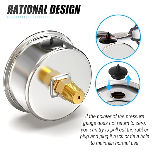 MEANLIN MEASURE 0~30Psi Stainless Steel 1/4" NPT 2.5" Single Scale FACE DIAL, Glycerin Filled Pressure Gauge, WOG Water Oil Air, Back Mount, with 1/2" NPT and 3/8" NPT Hex Bushing