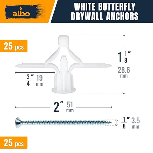 ALBO Drywall Anchor Kit Hollow Wall with Screws 50 pcs. (White Anchor 25pcs + Screws 25pcs) Plastic Hollow Wall Drilling Anchors