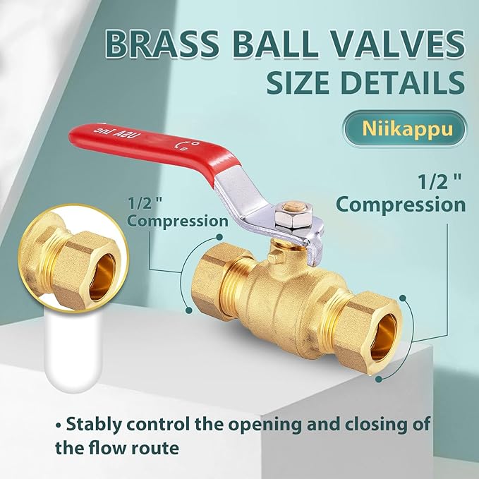1/2" Ball Valve, 30 Pack Compression Shut Off Valves Red, Quarter Turn Brass Full Port Shut Off Ball Valve for Hot and Cold Water, NSF/ANSI 61 Certified