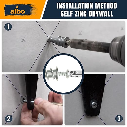 ALBO #6 Zinc Self-Drilling Drywall Anchors, 100PC Set – Includes 50 Heavy Duty Sheetrock Anchors & 50#6 x 1-1/4'' Screws – 75LB Capacity for Hanging and Mounting