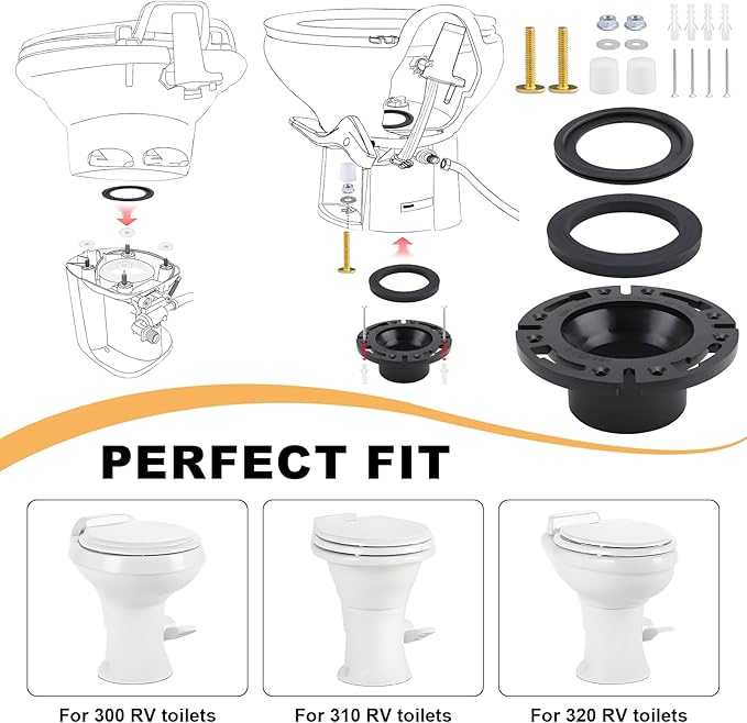 RV Toilet Flange Kit, RV Toilet Flange Seal, Designed for RV 300/310/320 Toilets, Replaces 385345892 Flange, 385311658 Flush Seal and 385311652 Base Seal, 3 Inch Socket Floor Flange Kit