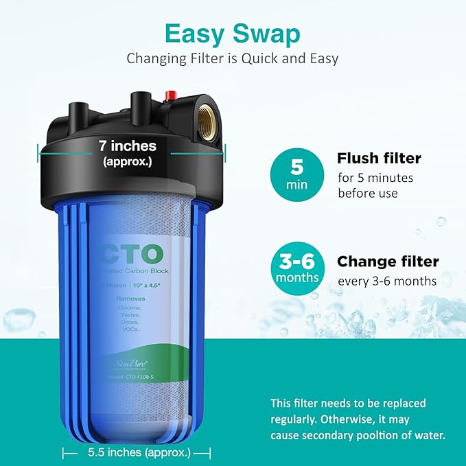 SimPure Whole House Water Filter Cartridges 5 Micron 10" x 4.5" CTO Activated Carbon Block, For DB10P, DB10C-2, GE GXWH40L, GXWH35F, BB10, FXHTC, FC15B, 6 Pack