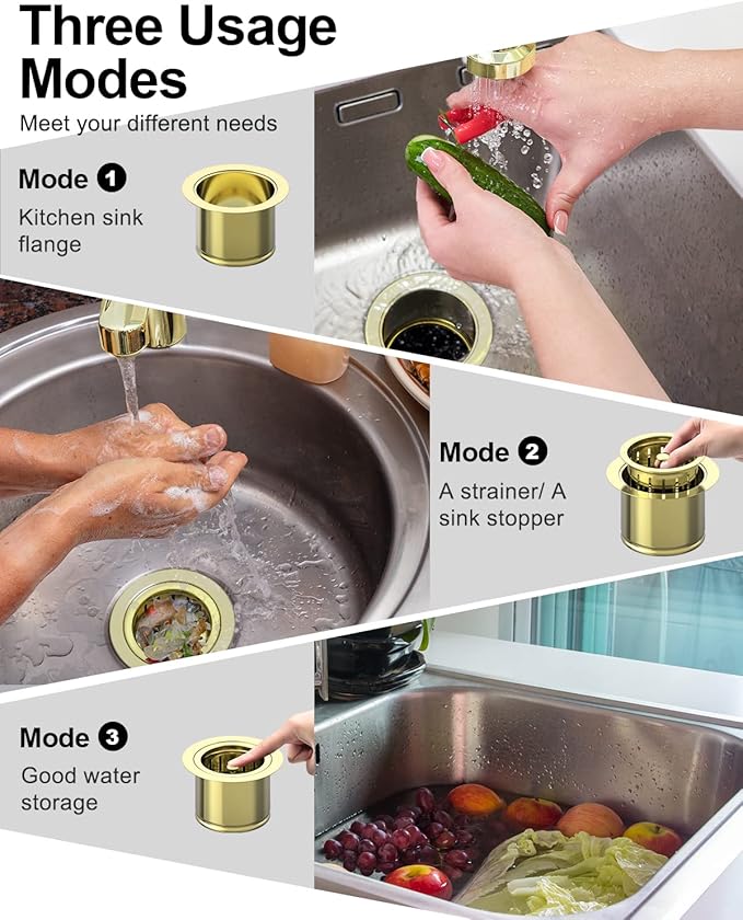 BOTEMY Extended Garbage Disposal Flange Basket Strainer Stopper, Deep 304 Stainless Steel Kitchen Sink Flange Stopper for 3-1/2 Inch Standard Sink Drain Hole, Bright Gold Deep Sink Disposal Strainer