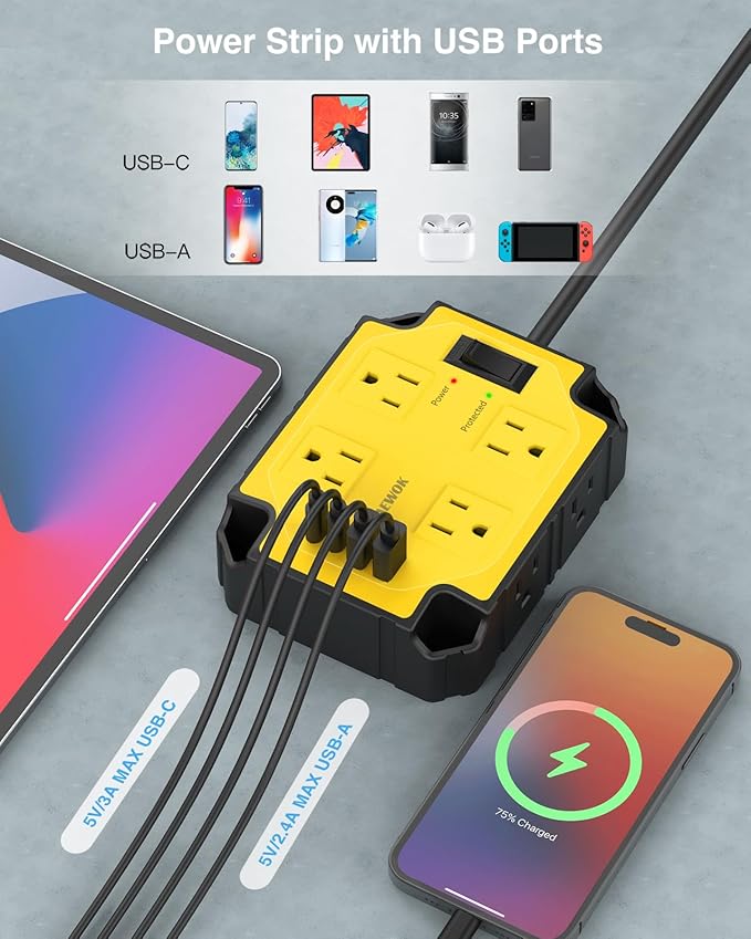 8-Outlets Heavy Duty Power Strip with 4 USB Ports(2 USB-C), Industrial Magnetic Surge Protector Power Strip 15 Amps/1200 Joules, 6.5 Ft Multi-Plug Electric Extension Cord for Workshop Garage (Yellow)