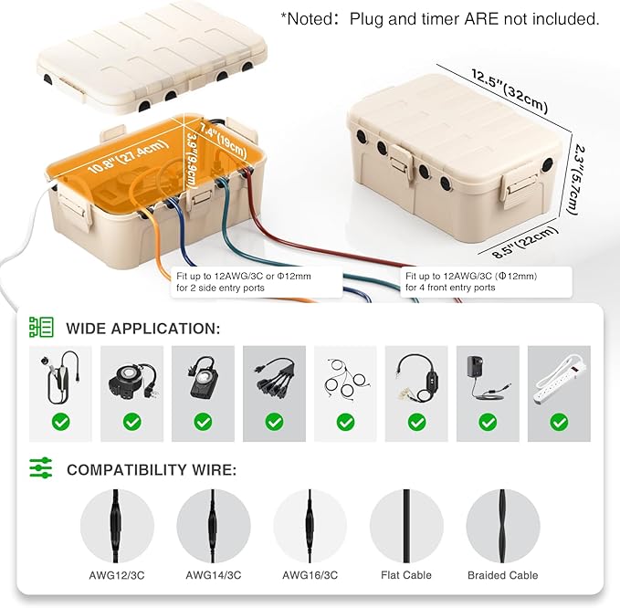 Flemoon 2-Piece Outdoor Waterproof Electrical Box Set – 12.5" x 8.5" x 5" Large Electrical Box & 11.3" x 4.3" x 3" Extension Cord Cover for Power Strip, Outlet, Holiday Light, Almond