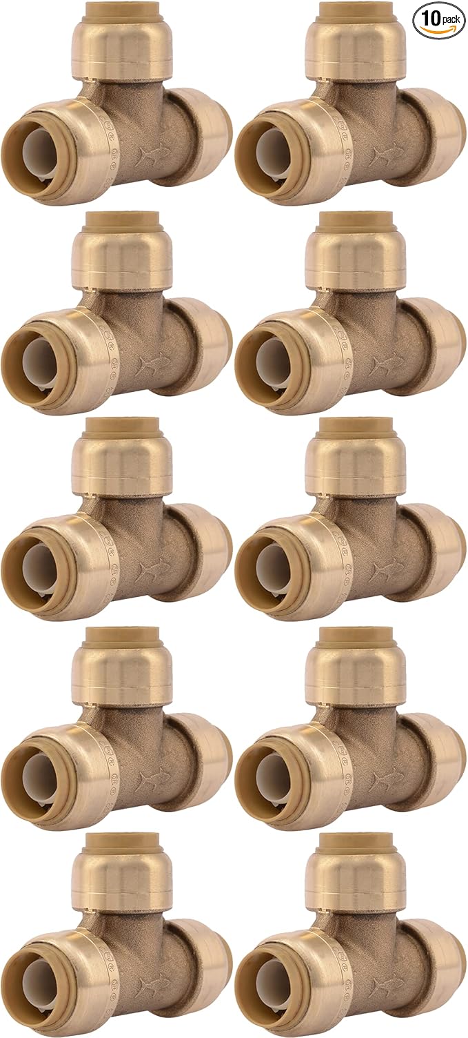 SharkBite 1/2 Inch Tee, Pack of 10, Push to Connect Brass Plumbing Fitting, PEX Pipe, Copper, CPVC, PE-RT, HDPE, U362LFCP