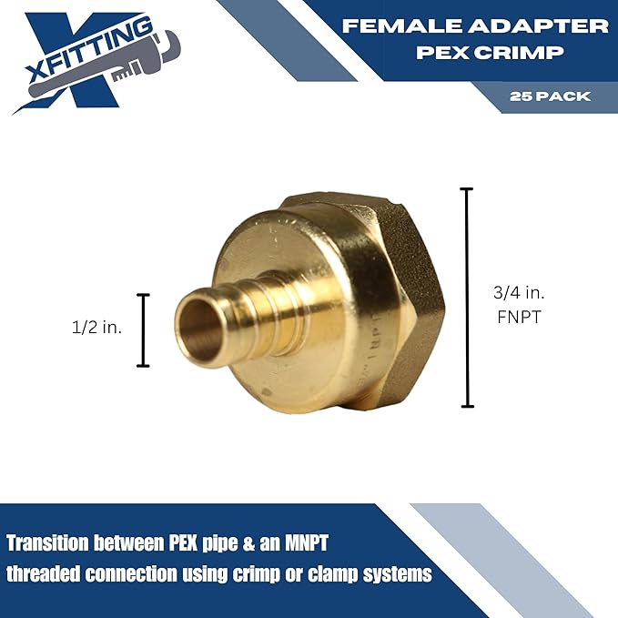 XFITTING Pex Fitting, 3/4 inch Female NPT to 1/2 inch Pex Adapter for Plumbing Repairs or Remolding, Sturdy and Durable Brass Crimp Fitting, 5 Pieces