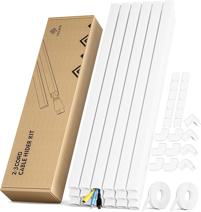 Yecaye Medium Cord Hider, Wire Covers for 2-3 Cords on Wall, Paintable Cable Raceway, Cord Hider Kit, Max for 3 Small Cords for Home and Office, W0.94in H0.55in