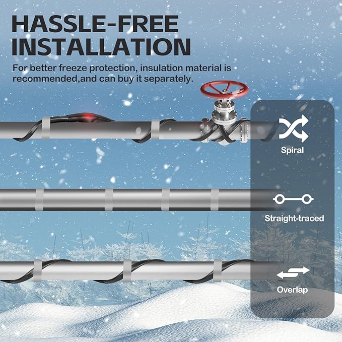 160FT（3FT-200FT）Pipe Heating Cable for Pipe Freeze Protection, Heat Cable for Water Pipes(Metal and Plastic), Pipe Heat Tape Keeps Water Flowing at -40°F 5w/ft, 120V