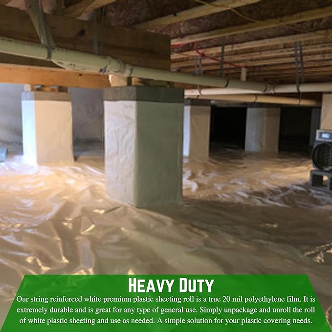 Farm Plastic Supply - Crawl Space Vapor Barrier - 20 mil - White Heavy Duty Plastic Sheeting - Thick Polyethylene Film, Drop Cloth Vapor Barrier Covering for Crawlspace and Basement (12' x 10')