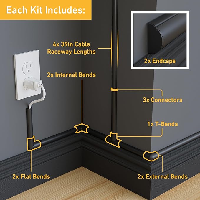 D-Line 13.12ft Cord Hider Kit, Patented Cable Cover, Hide Wires on Wall, Channel for TV Mount Cords, Raceway Wire Hiders, Paintable, Adhesive, Half Round, 4X 0.78in W x 0.39in H x 39in Lengths, Black