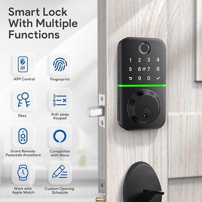 Smart Door Lock Deadbolt with Keypad: Keyless Entry Door Lock - Fingerprint Lock for Front Door - Electronic Lock with Bluetooth and APP Control