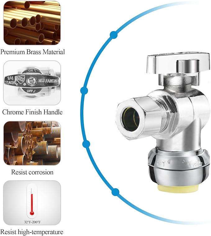 WiseWater Push to Connect Angle Stop Valve 1/2" Push x 3/8" Compression, 1/4 Turn for Quick Shut Off, Chrome Plated Brass with Disconnect Clip, for PEX, Copper, CPVC Pipes (Pack of 5)