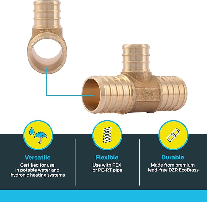 SharkBite 1 Inch x 1 Inch x 3/4 Inch Crimp Reducing Tee, Pack of 10, Brass Plumbing Fitting, PEX Pipe, PE-RT, UC416LF