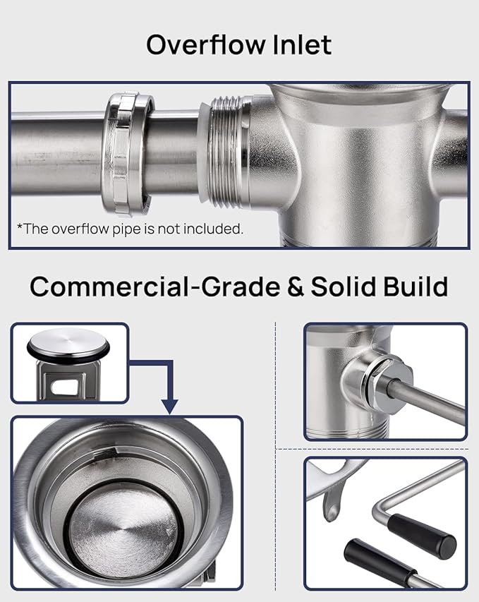 3-1/2" Commercial Sink Drain with Twist Lever Handle, Waste Drain Valve with Overflow Inlet for Restaurant 2/3 Compartment Sink, Easy Controll, Block-Free and Leakproof