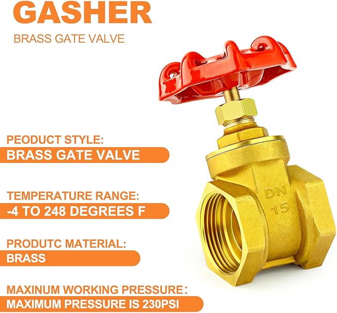 GASHER 1PCS 1/2 Inch Brass industrial Gate Valve, Heavy-duty Rotary Sluice Valve with Female x Female Threads, with Wheel Handle, For Water, Oil, Gas
