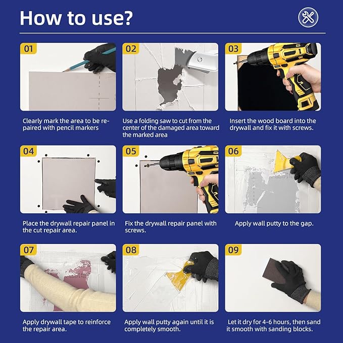 Drywall Repair Kit,Drywall Repair Panel 12” x12“,Drywall Patch Kit Large Hole,Sheetrock Repair Kit,Wall Surface Large Hole Fill Quick and Easy Solution