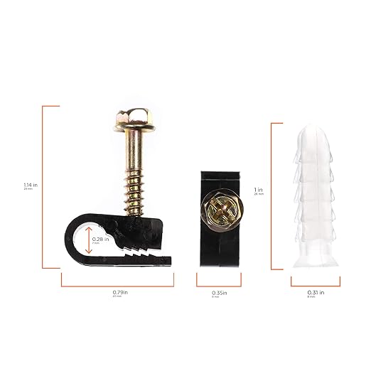 THE CIMPLE CO Ribbed Plastic Conical Anchors and Black Cable Screw Clips - for Concrete, Stucco, Brick, Drywall, and Similar - Kit of 10 Screw Clips, and 10 Anchors