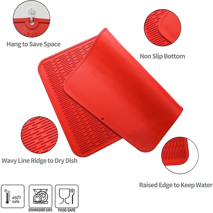 Silicone Dish Drying Mat for Multiple Usage,Easy clean,Eco-friendly,Heat-resistant Silicone Mat for Kitchen Counter or Sink,Refrigerator or Drawer Liner Red 4XL 32 inches x 18 inches