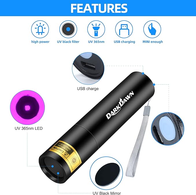 DARKDAWN UV 365nm Black Light Mini Flashlight USB Rechargeable, Woods Lamp Portable LED Ultraviolet Pocket Blacklight 370nm – Pet Urine Detector, Stains, Money, Amber, Uranium, Leak Detection – 2 Pack