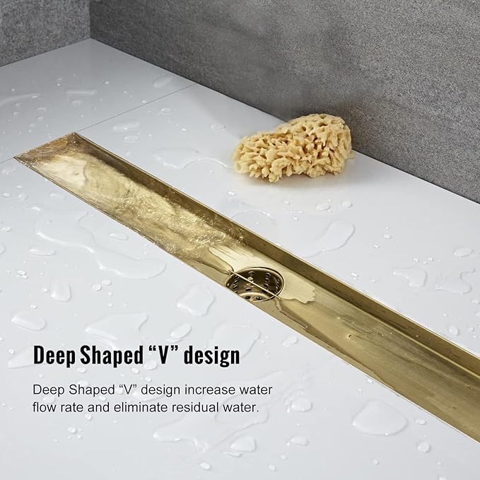 Linear Shower Drain, 40 inch Gold Drain with Removable Grate Cover, Brushed 304 Stainless Steel Shower Floor Drain, Linear Drain with Hair Strainer and Adjustable Feet