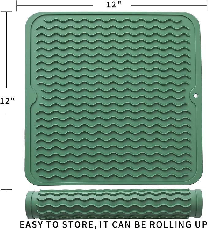 Silicone Dish Drying Mat for Multiple Usage,Easy clean,Eco-friendly,Heat-resistant Silicone Mat for Kitchen Counter or Sink,Refrigerator or Drawer liner Green M 12 inches x 12 inches