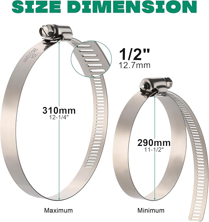 10Pack 12inch Hose Clamp,Stainless Steel Large Hose Clamps Adjustable from 11-1/2"-12-1/4"/290-310mm,Metal Worm Drive Gear Duct Clamp for Air Ducting,Dryer Vent Hose,Fuel Line,Plumbing,Automotive