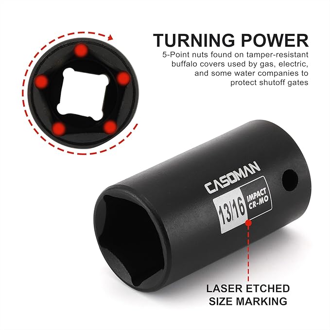 CASOMAN 2PCS 1/2" Drive 13/16" Penta Sockets, 5-Point Utility Socket, CR-MO, Removes and Installs Penta Nuts and Bolts for Utility Service