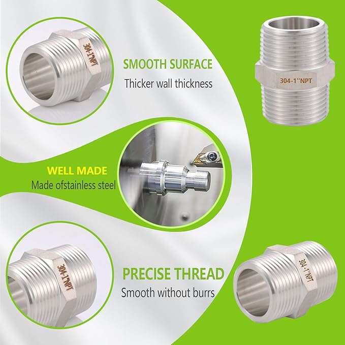 4PCS Hex Nipple 1" x 1" Male Pipe Fittings, 304 Stainless Steel 1 inch NPT Threaded Pipe Adapter Fittings, Male Straight Connector Pipe Fitting
