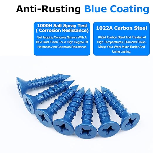 100PCS Concrete Screws Assortment Kit, 1/4" x1-1/4 Masonry Screws with Drill Bit and Driver Bit, Flat Head Cement Screws and Anchor, Diamond Point, Self Tapping Concrete Brick or Stucco, Blue Coated