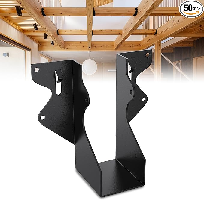 50Pcs Black 2x4 Joist Hangers for Wood,18 Gauge Metal Face Mount Joist Hanger,Lu24 Joist Hangers Powder Coating,Hurricane Ties for Rafter,Rafter Brackets 2x4 for Deck,Floor,Roof Overhang,Ceiling Joist
