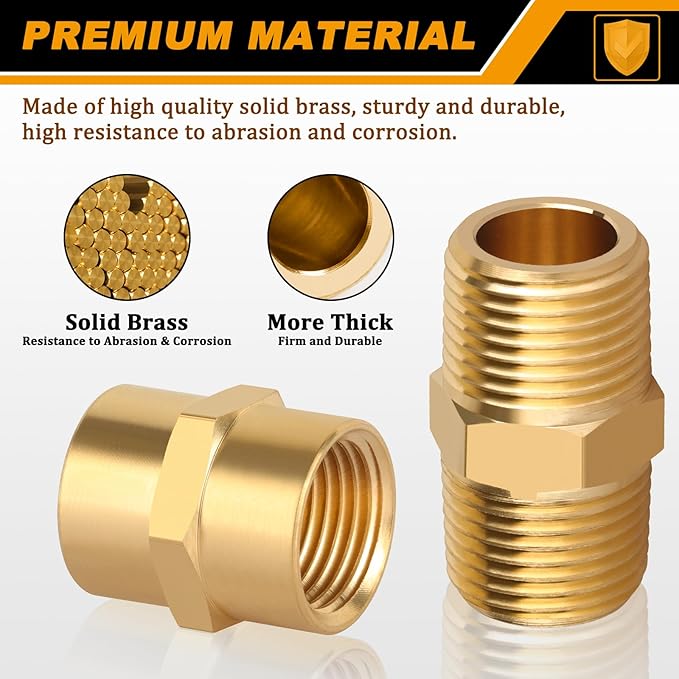 KOOTANS 12pcs Brass Pipe Fitting, NPT Hex Nipple, Coupling, 3/8" x 3/8" NPT Male Pipe, 3/8" x 3/8" NPT Female Pipe Fittings Set (6 Nipple & 6 Coupling)