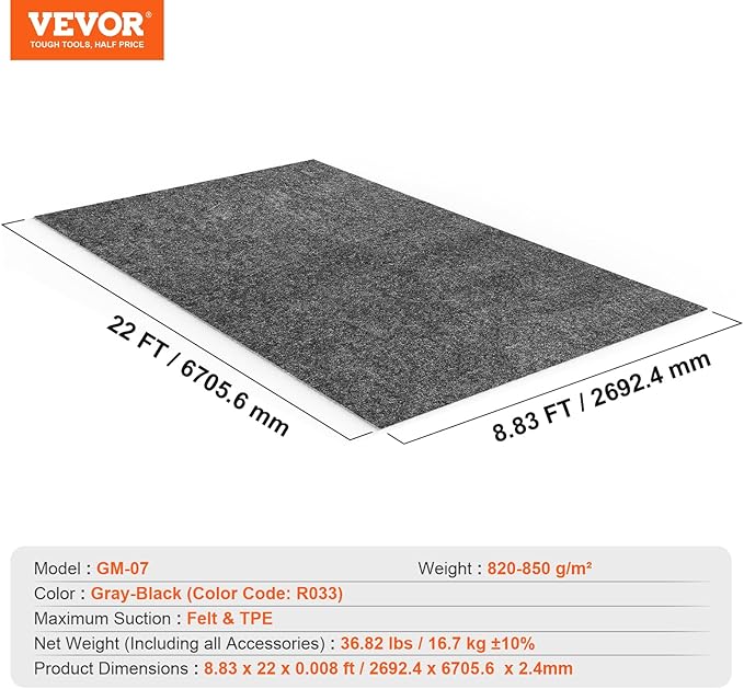 VEVOR Garage Floor Mat, 8'10"x22' Waterproof Protection from Water,Snow, Rain,Mud and Oil for Cars, Non-slip Heavy Duty Containment Mat with TPE Anti-Leak Backing & Easy to Clean & Cuttable